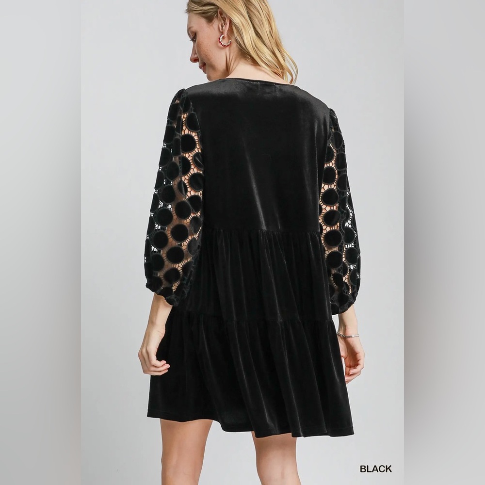 #273 New!Black Velvet Dress with Dot Embroidered Sleeves